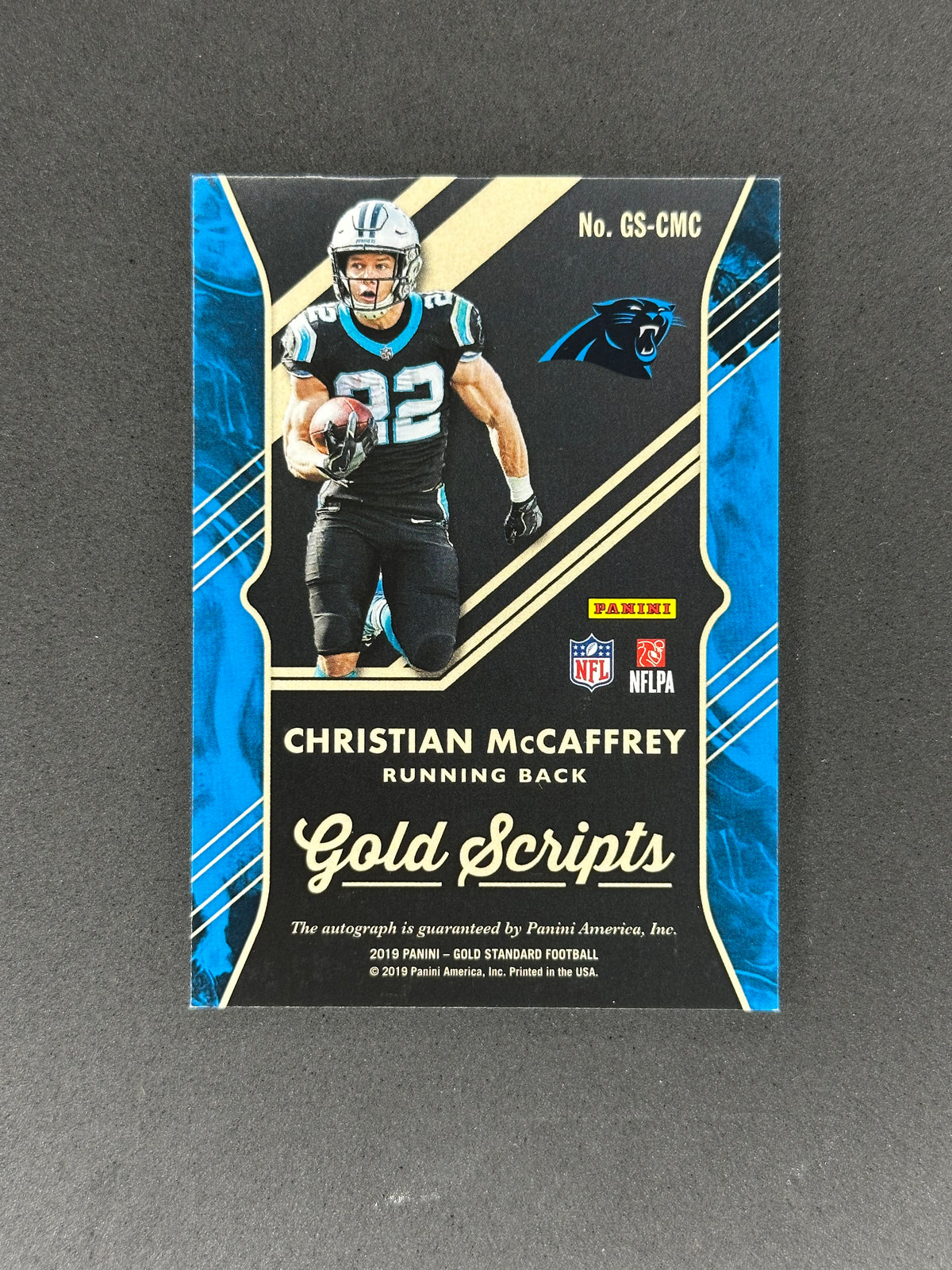 2019 Panini Gold Standard Christian McCaffrey Gold Scripts GS-CMC Auto #/49