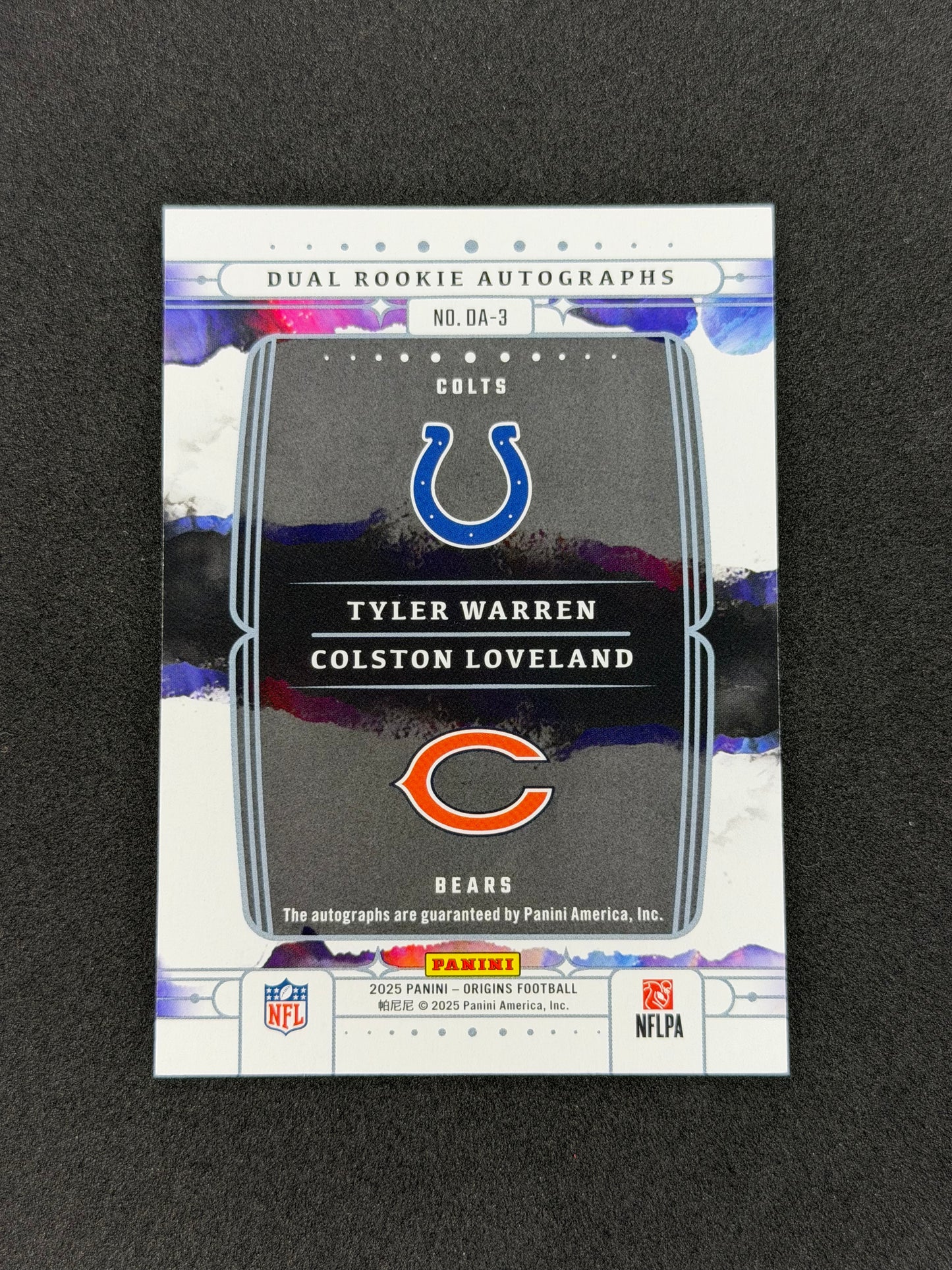 Tyler Warren - Colston Loveland #3 2025 Panini Origins Dual Rookie Autograph #/100