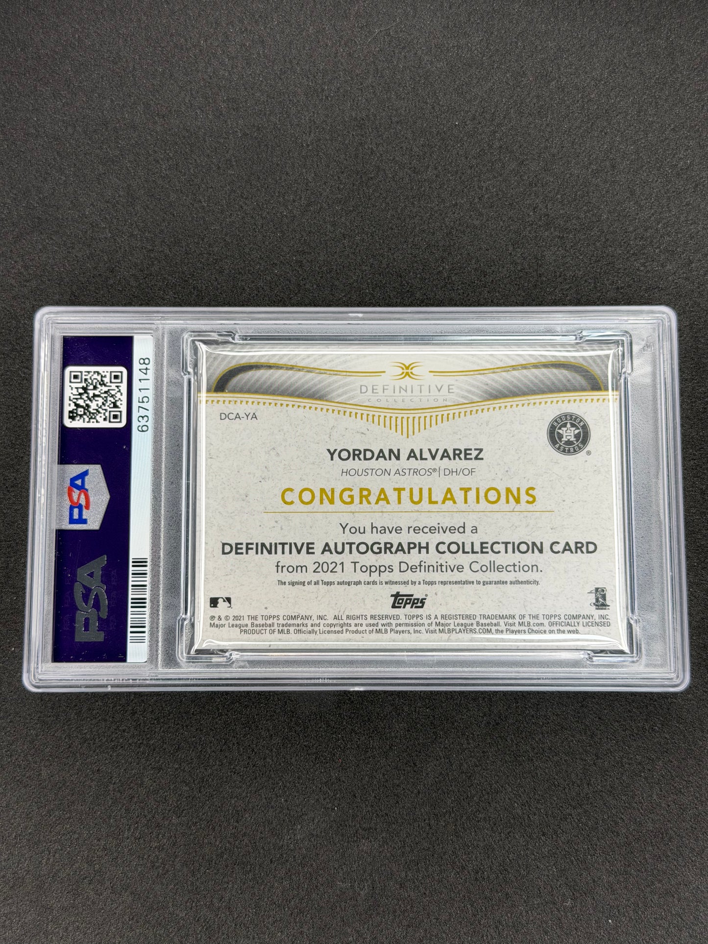 2021 Topps Definitive Yordan Alvarez Inscribed Auto "Go Astros" #/50 PSA 10/10