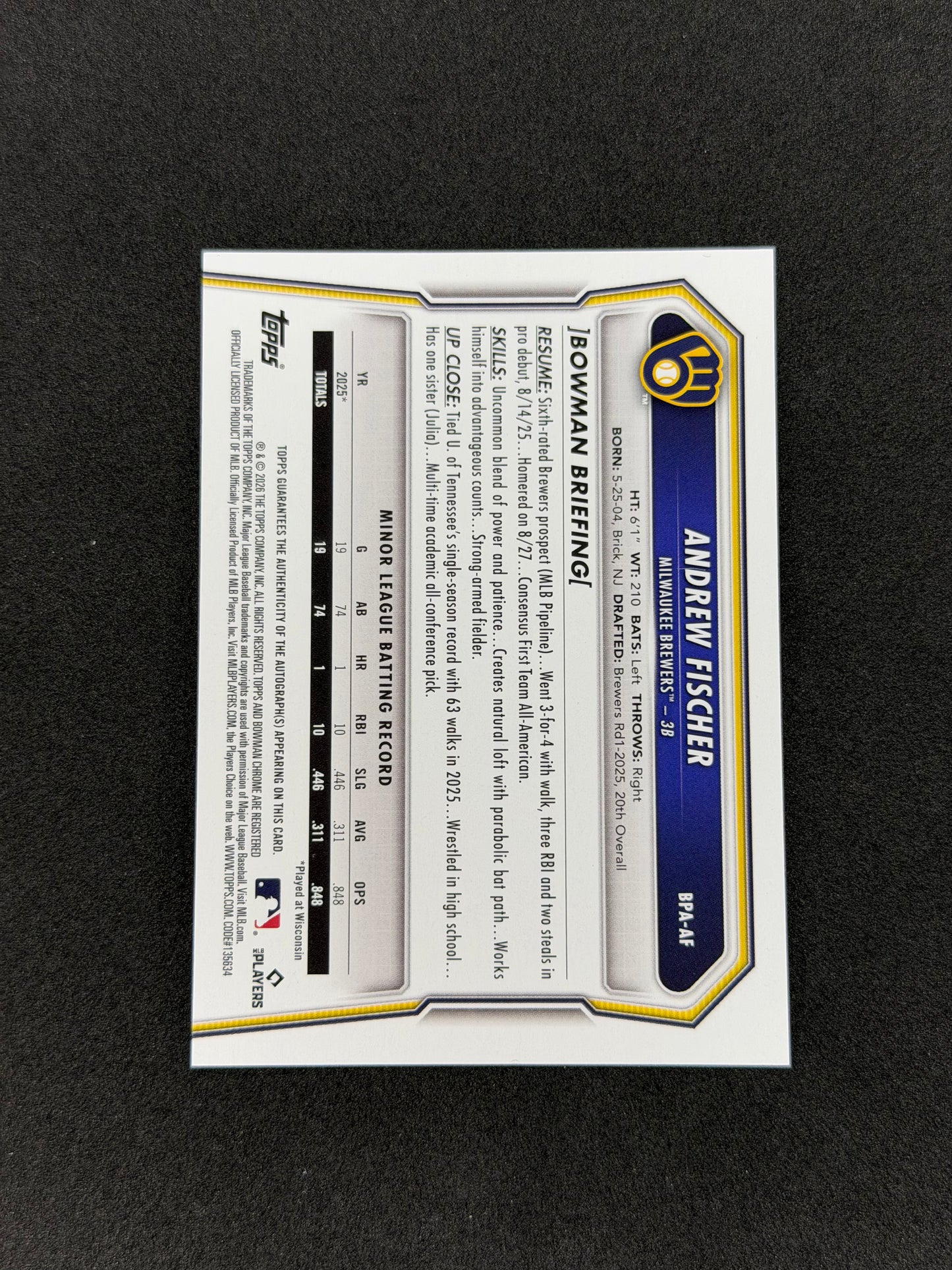 Topps 2026 Bowman Andrew Fischer #BPA-AF Purple /250 Auto Paper