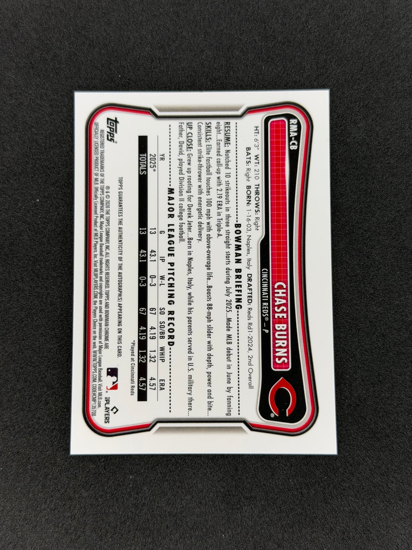 2026 Bowman Chrome Chase Burns Mega Box Rookie Autographs #RMACB Black & White Refractor
