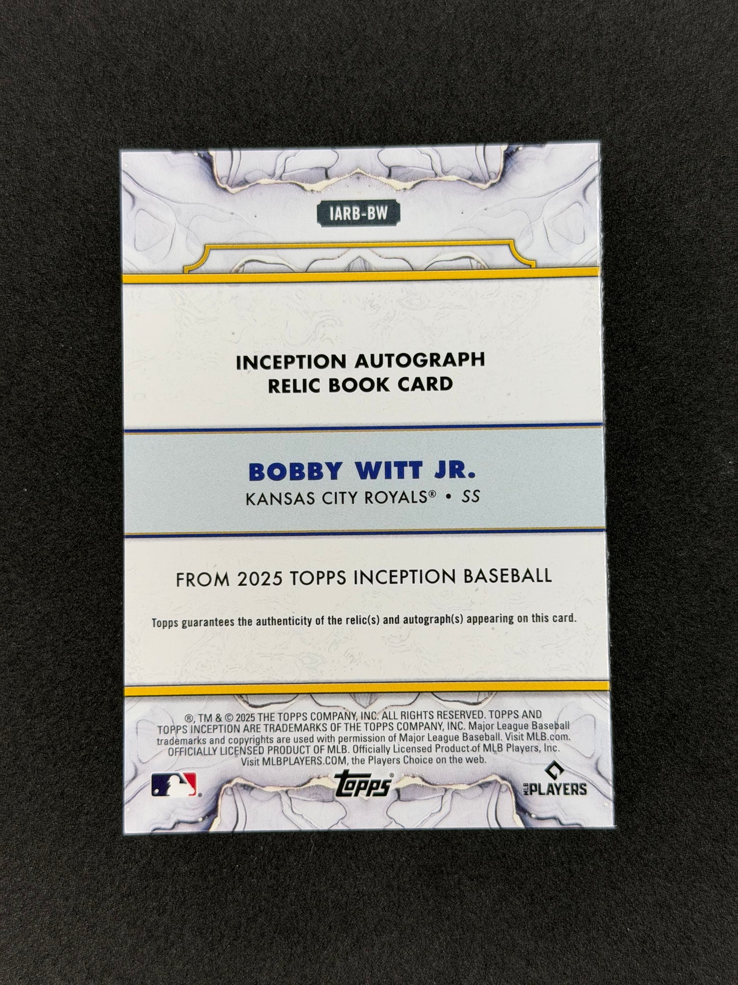 2025 Topps Inception Bobby Witt Jr. Booklet Auto Relic #/25 IARB-BW
