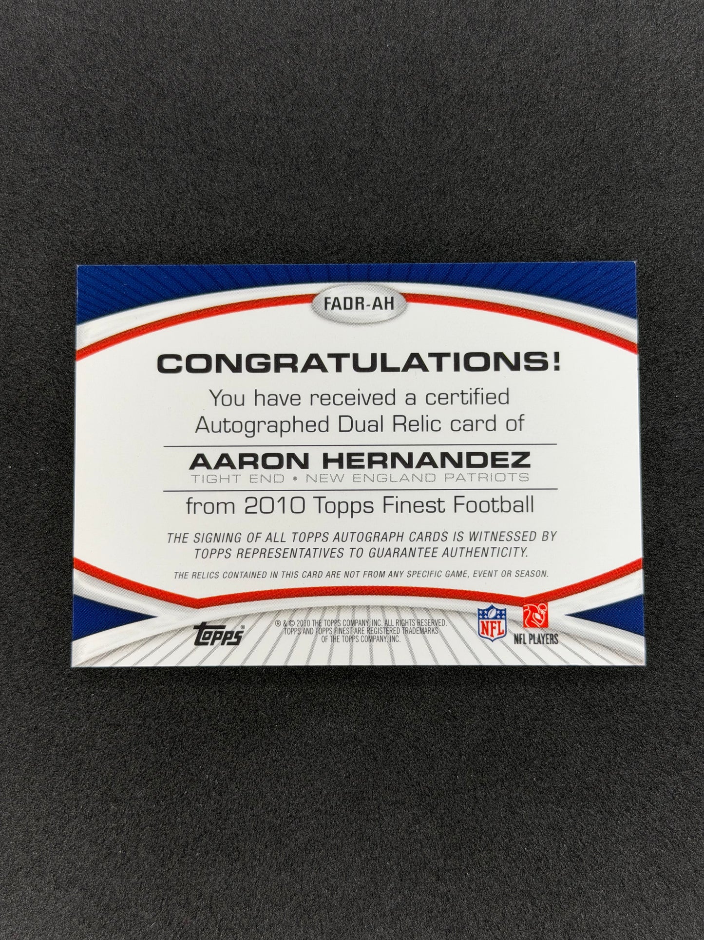 2010 Topps Finest Aaron Hernandez #FADR-AH RPA #/350