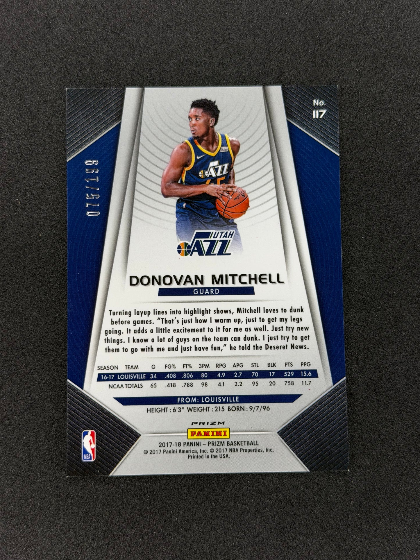 2017-18 Prizm Basketball Donovan Mitchell #117 Blue #/199 RC