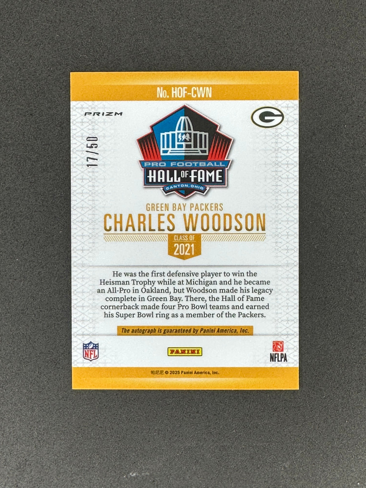 2025 Panini Prizm Charles Woodson HOF-CWN HOF Auto #/50