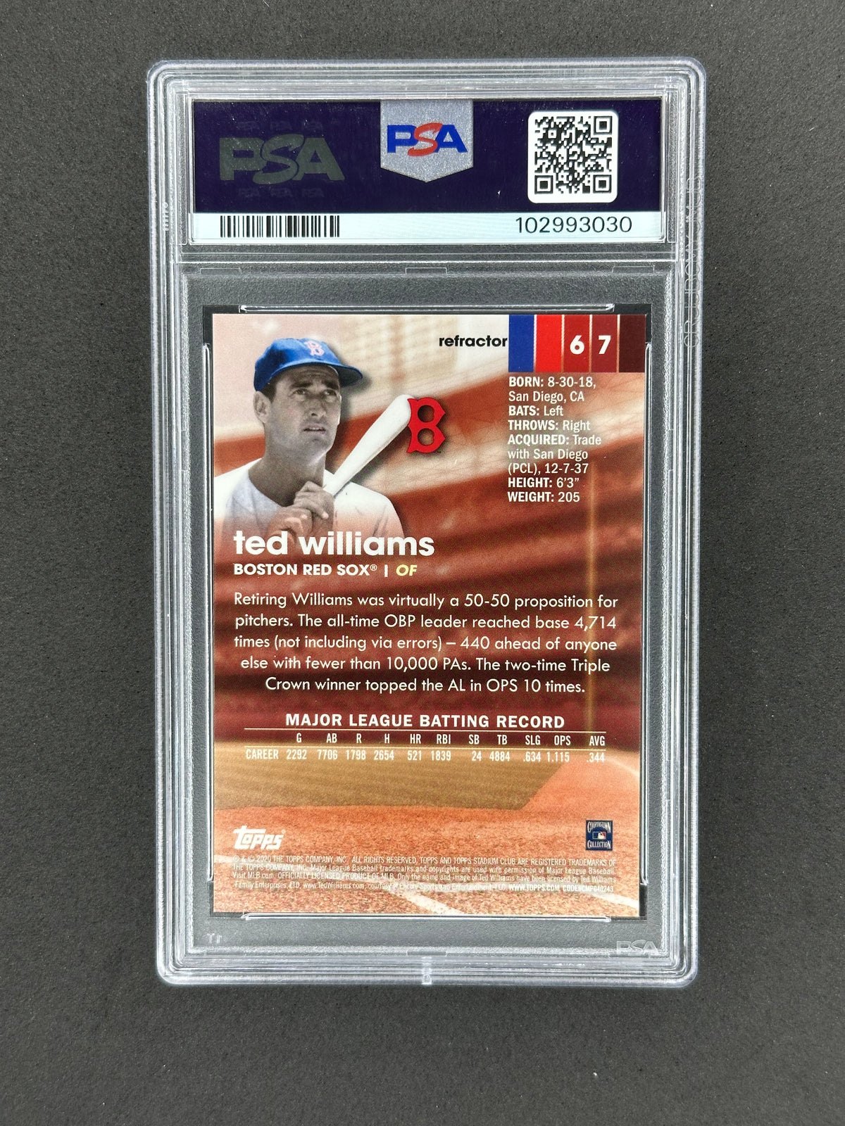 2020 Topps Stadium Club Ted Williams #67 Refractor PSA 10