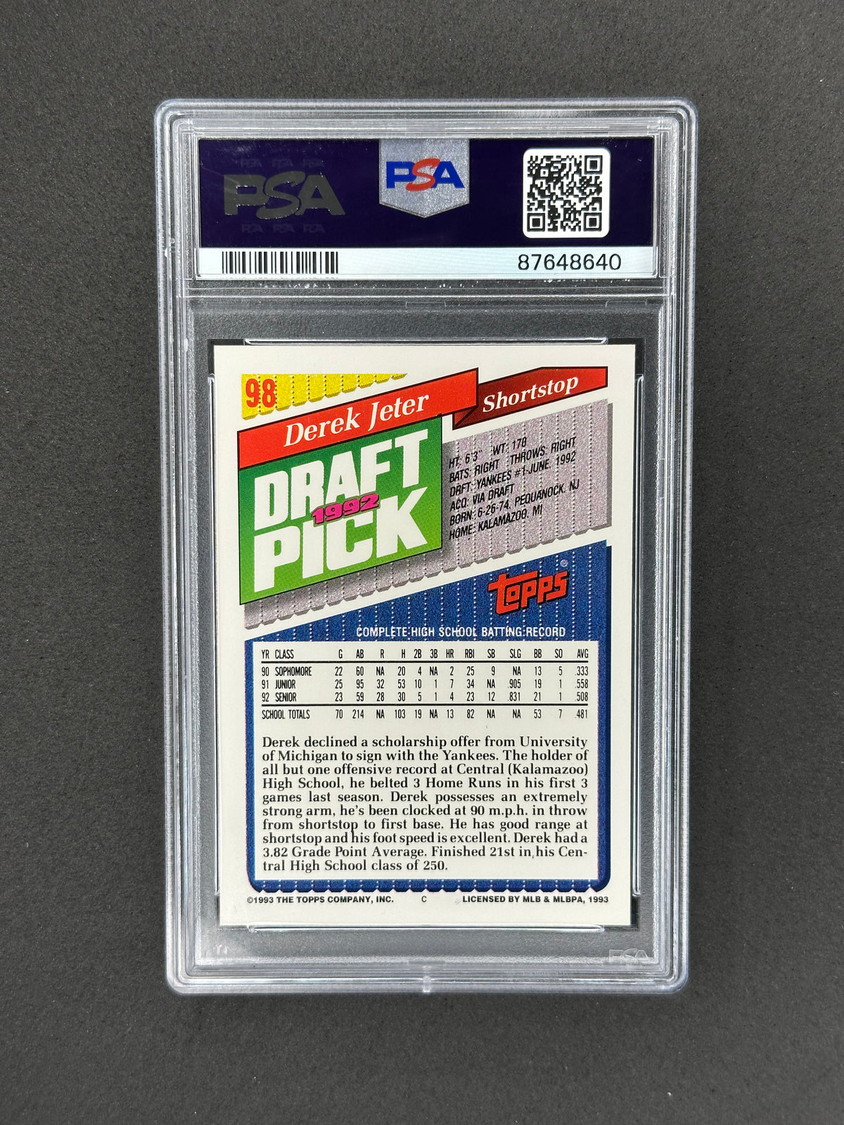 1993 Topps Gold Derek Jeter RC #98 PSA 8
