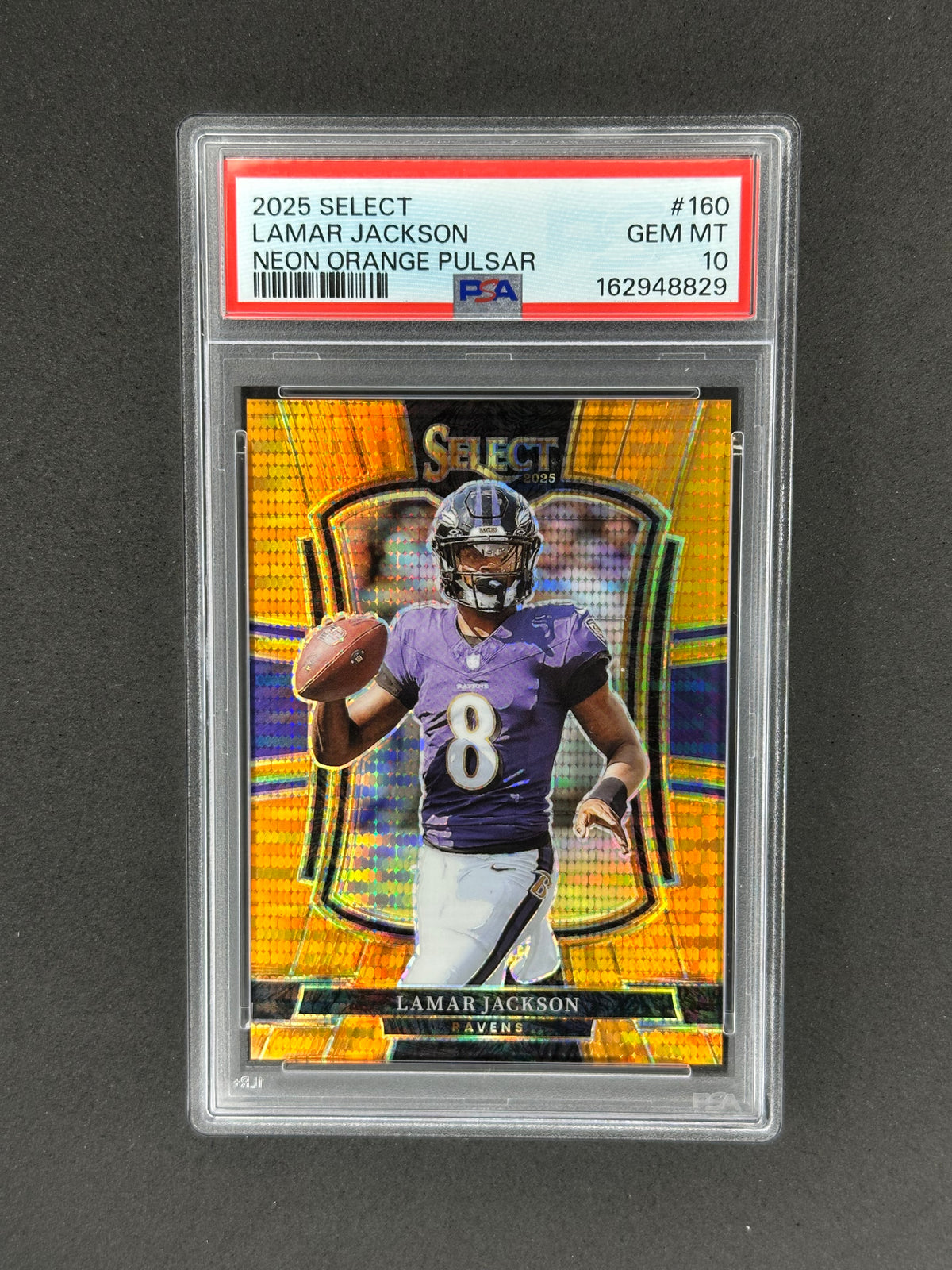 2025 Panini Select Lamar Jackson #160 Neon Orange Pulsar #/7 PSA 10