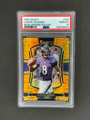 2025 Panini Select Lamar Jackson #160 Neon Orange Pulsar #/7 PSA 10