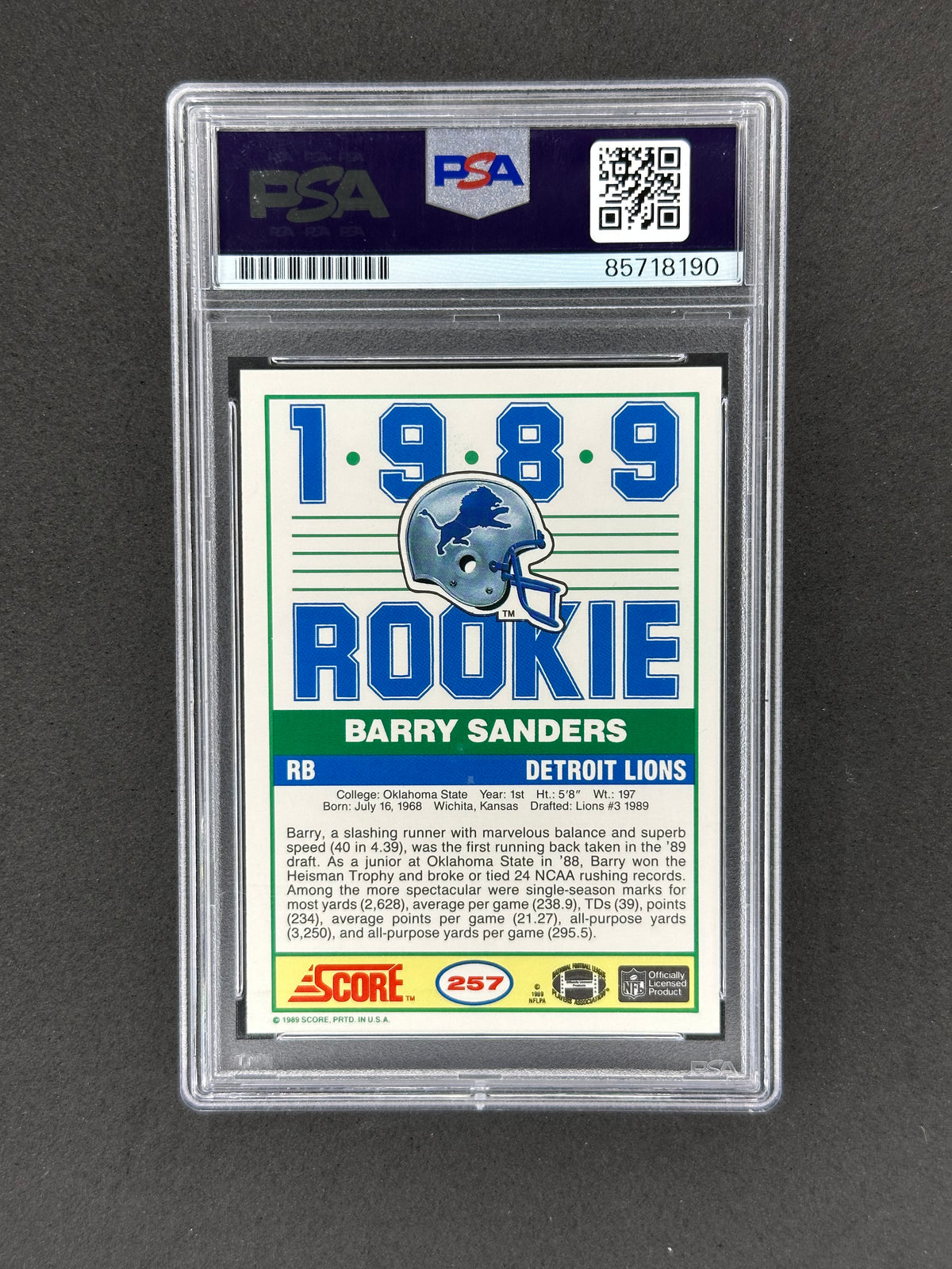 1989 Score RC Barry Sanders #257 Auto Grade Gem MT 10