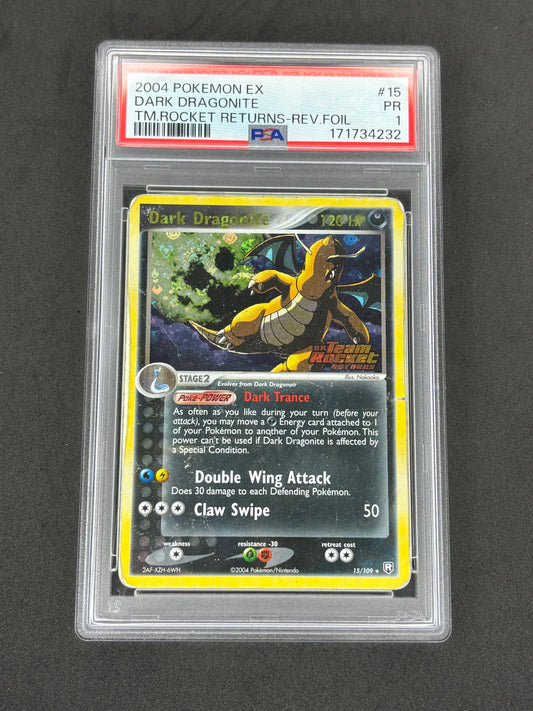 2004 Dark Dragonite Reverse Holo #15 EX Team Rocket Returns PSA 1