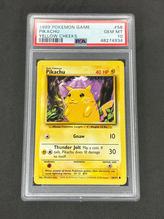 1999 Pikachu Yellow Cheeks #58 Base Set PSA 10