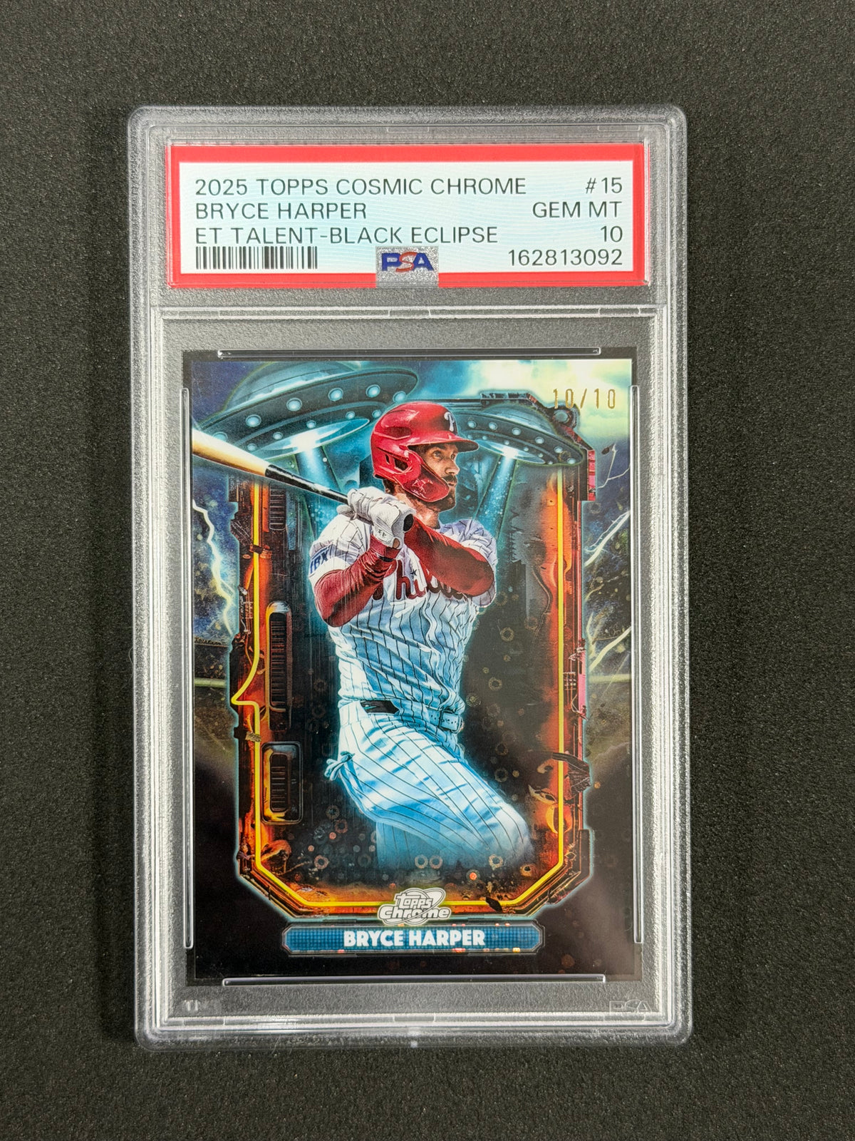 2025 Topps Cosmic Chrome Bryce Harper Extra-Terrestrial Talent Black Eclipse #/10 PSA 10