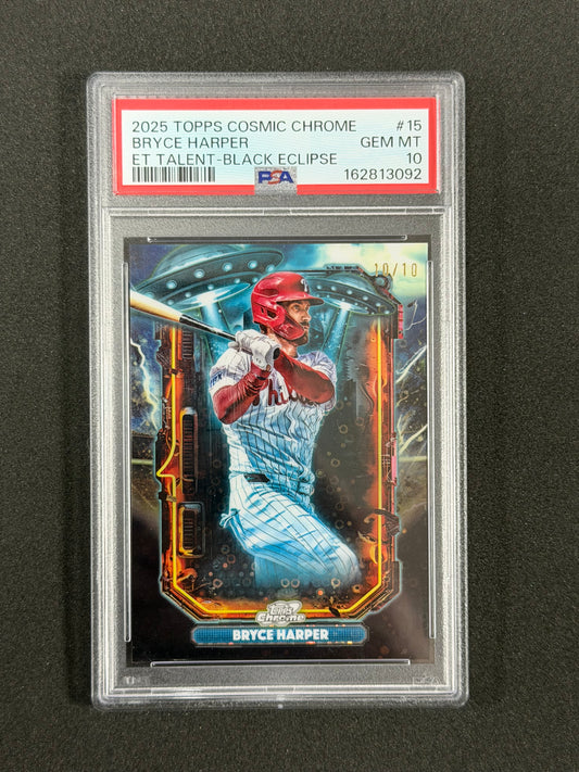 2025 Topps Cosmic Chrome Bryce Harper Extra-Terrestrial Talent Black Eclipse #/10 PSA 10