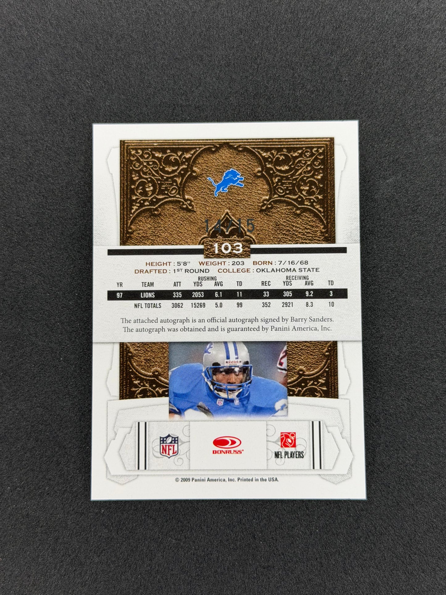 Barry Sanders Significant Signatures Platinum #103 2009 Panini Donruss Classics #/15