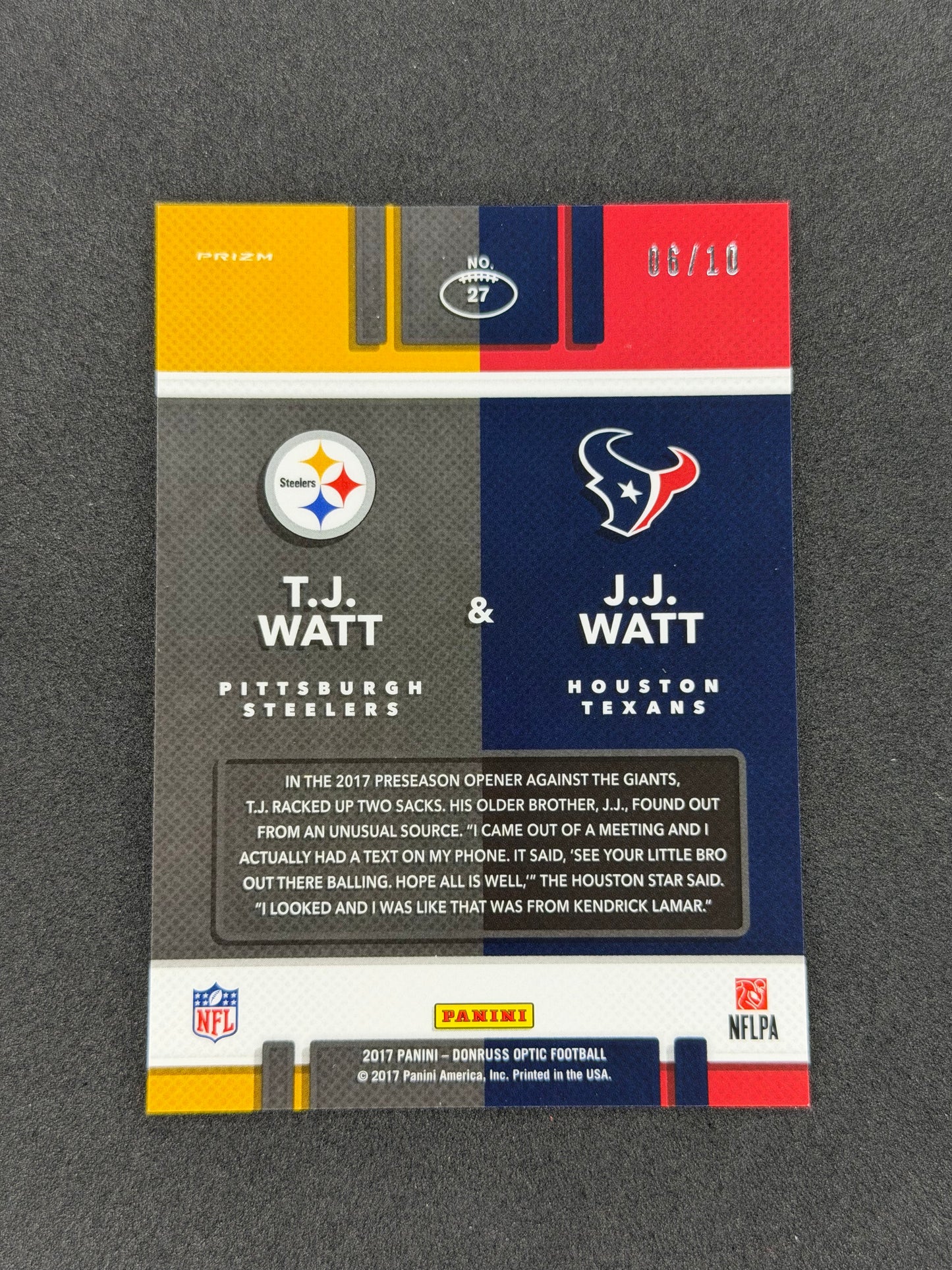 JJ Watt, TJ Watt #27 2017 Panini Donruss Optic Illusions GOLD #/10