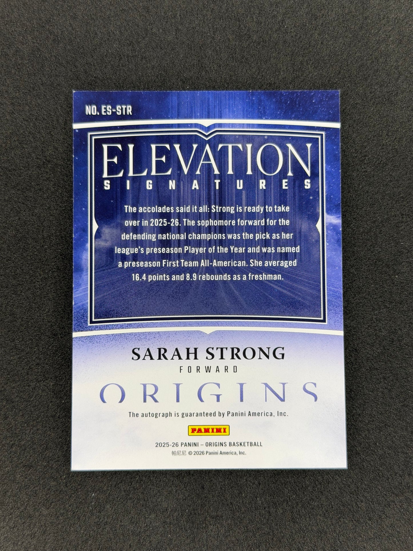 2025-26 Origins Basketball Sarah Strong Elevation Auto Gold #/10 NIL