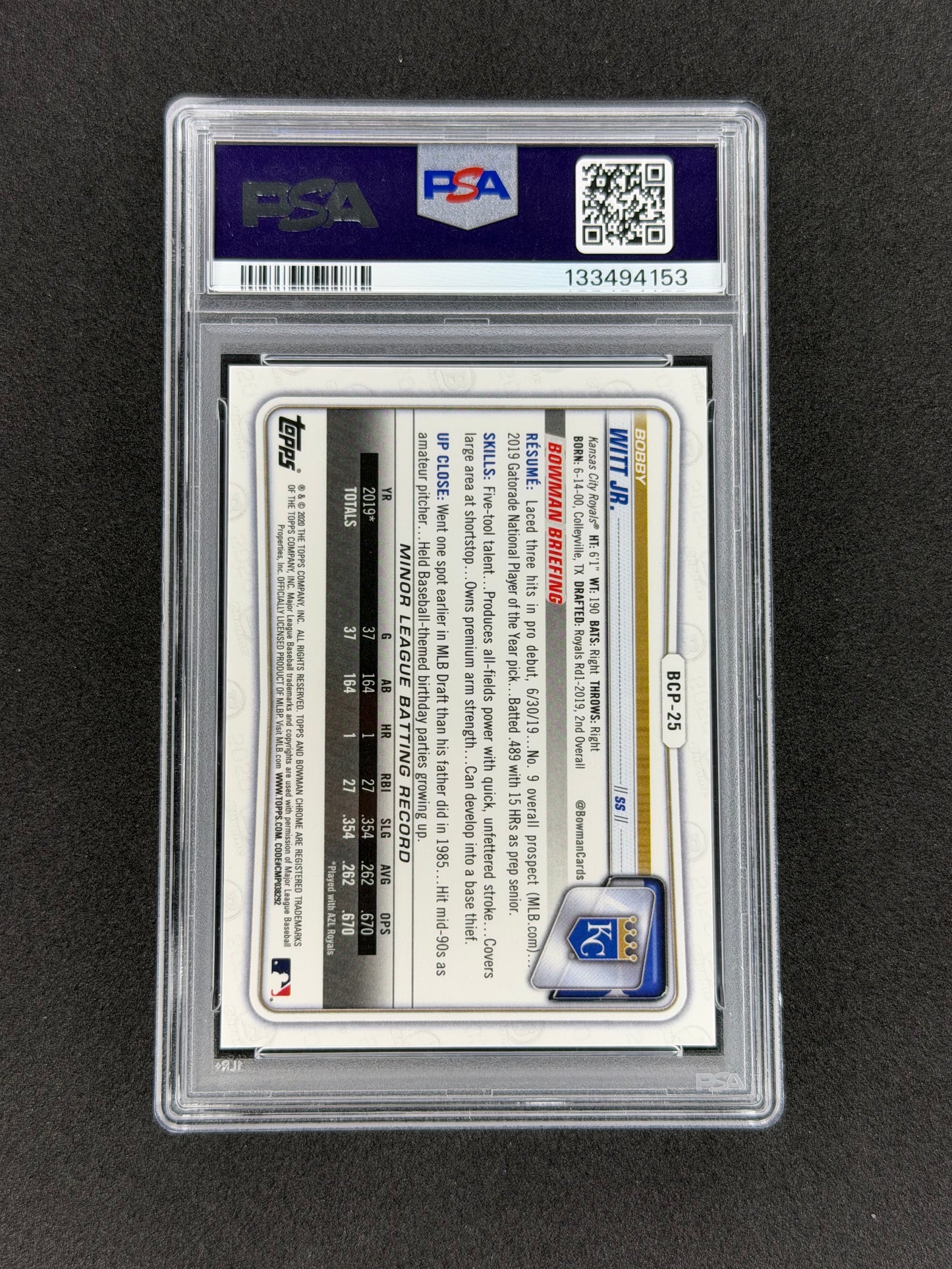 2020 Bowman Chrome Bobby Witt Jr. 1st #BCP25 Green #/99 PSA 10