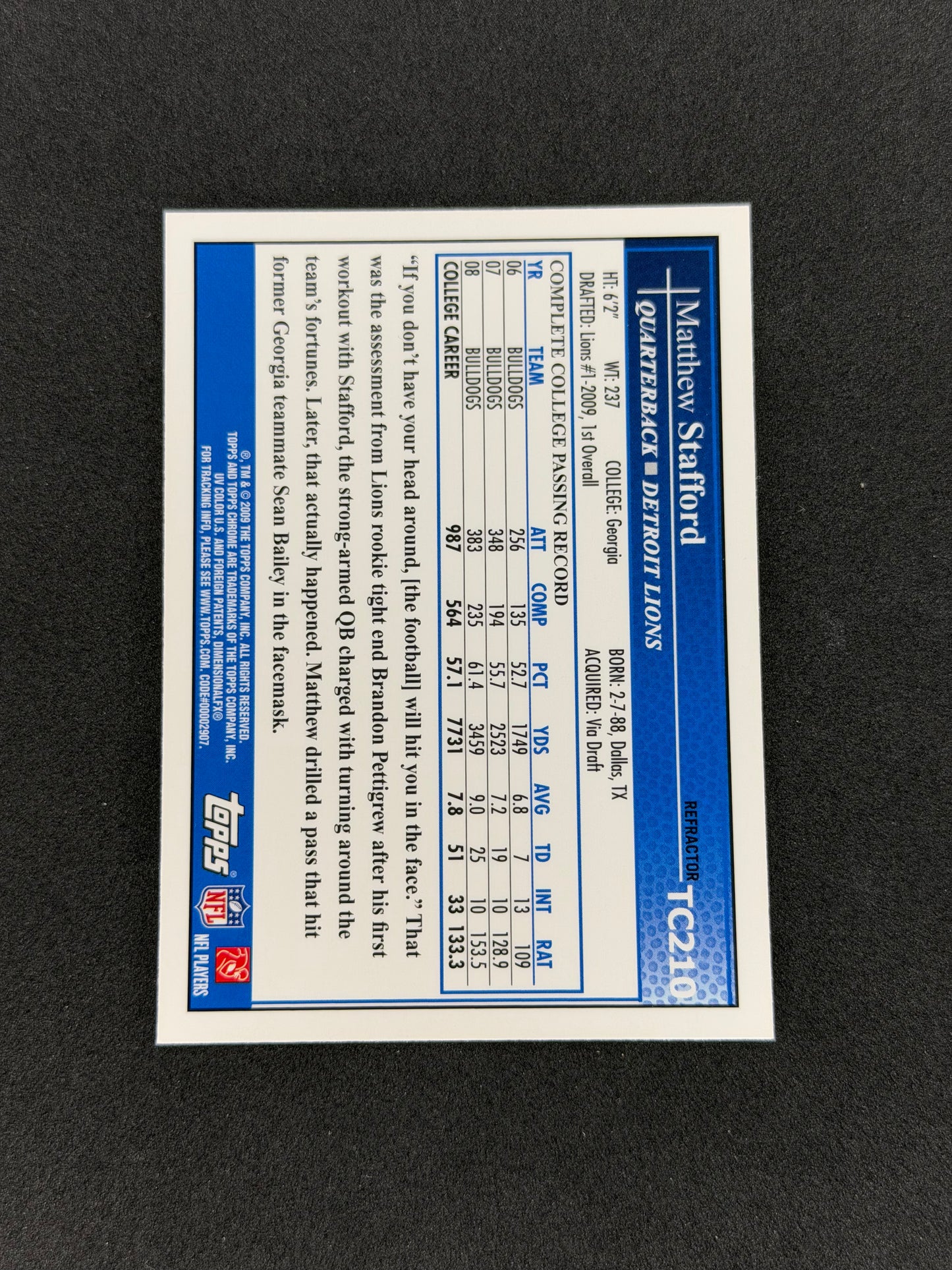 2009 Topps Chrome Matthew Stafford #TC210 Refractor RC